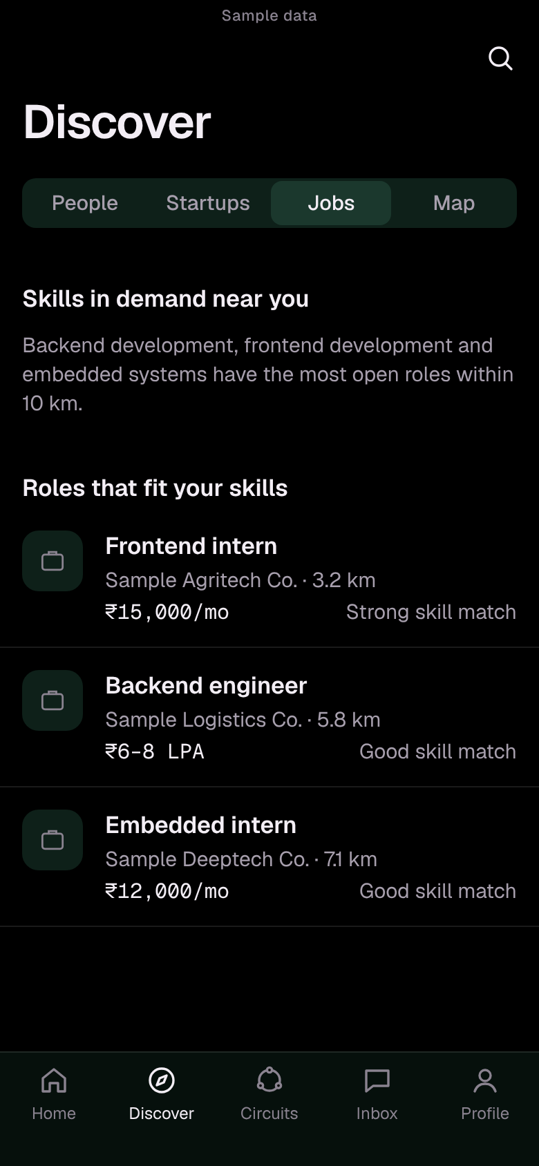 The Jobs tab in the Circuit app: roles that fit your skills near you, with the startup, the distance, the pay in rupees and how strongly your skills match.