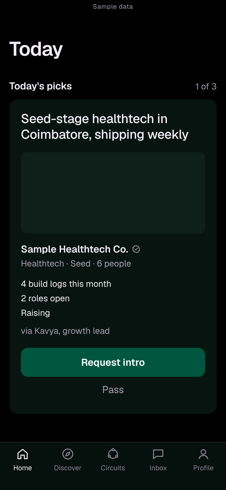 Today's picks in the Circuit app: one startup that fits an investor's focus, with its stage, sector, recent activity and a Request intro button.