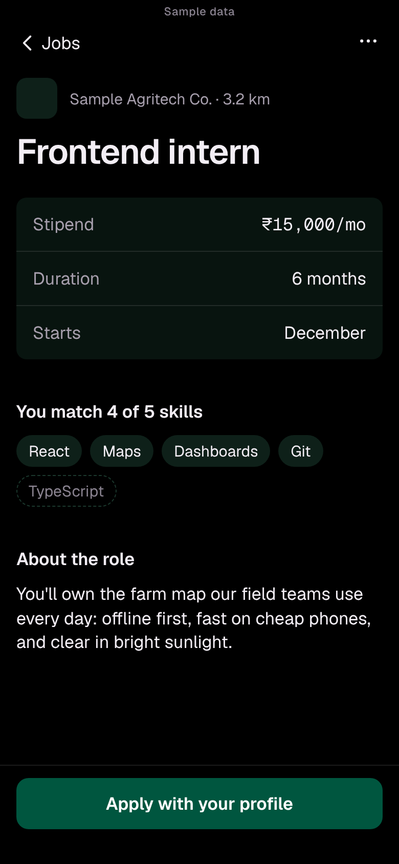 A job page in the Circuit app: stipend, duration and start date, the skills you match, a description of the role and an Apply with your profile button.